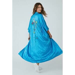 Vintage Blue Satin Kimono Robe Embroidered Peacock Gold Floral Long Duster L/XL